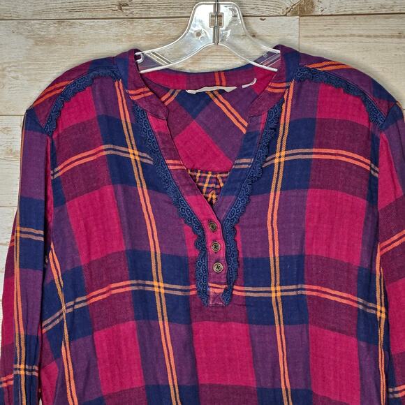 Soft Surroundings Ellesmere Double Flannel Long Sleeve Button Medium Crochet Top - Picture 4 of 14